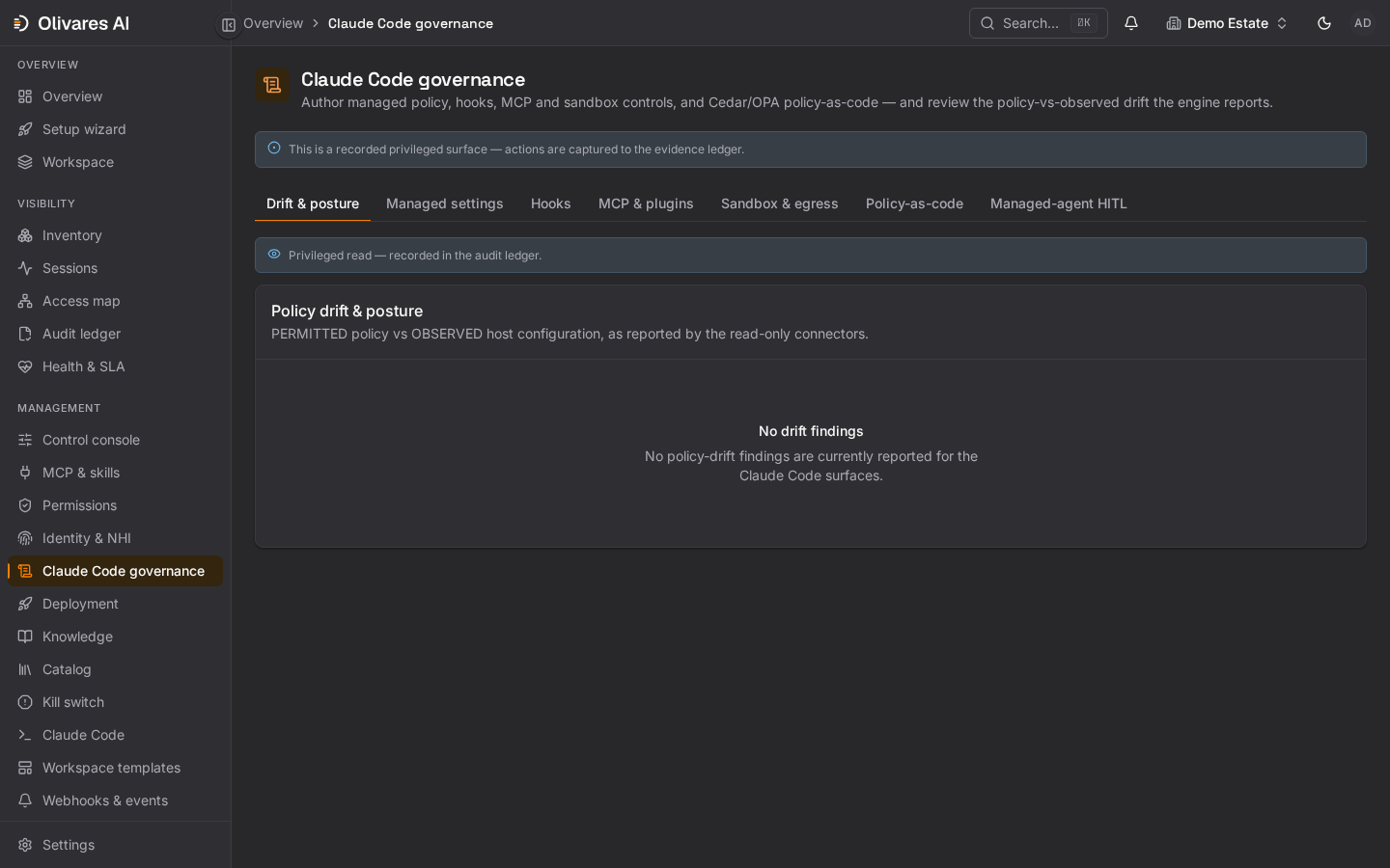 Vue des politiques Claude Code dans Olivares AI avec paramètres, hooks et contrôles de gouvernance synthétiques