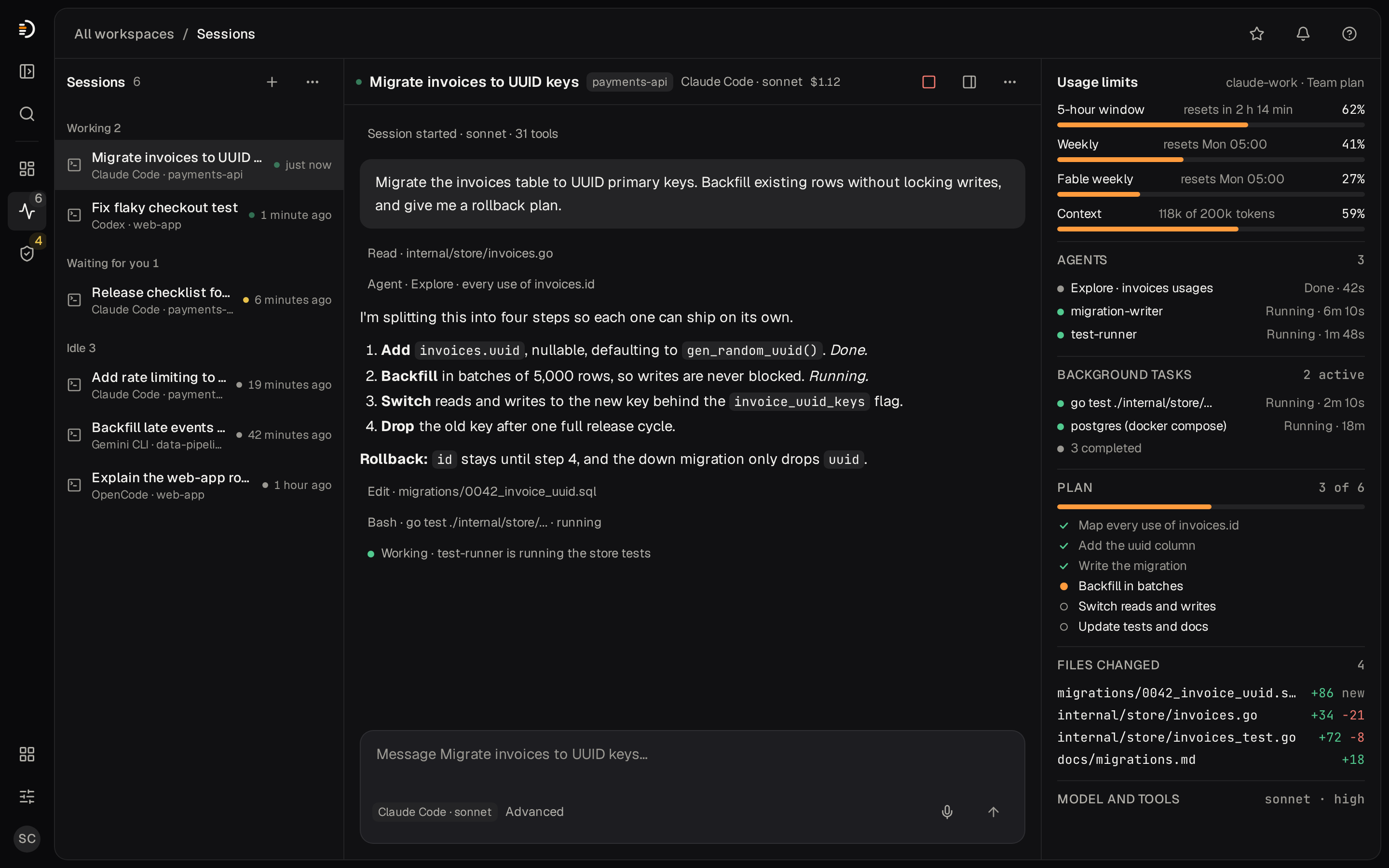 Espace de session d’Olivares AI : la conversation d’une session Claude Code en cours à côté de ses limites d’usage, du contexte, des agents, des tâches en arrière-plan, du plan et des fichiers modifiés.