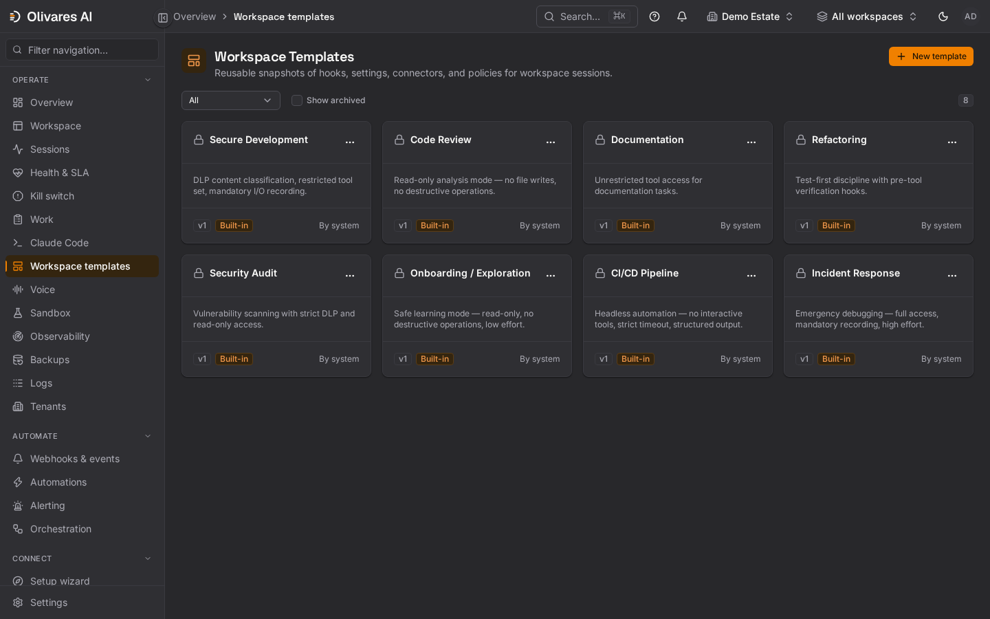 Modèles d'espace de travail: Instantanés réutilisables de hooks, paramètres, connecteurs et politiques pour les sessions d'espace de travail.