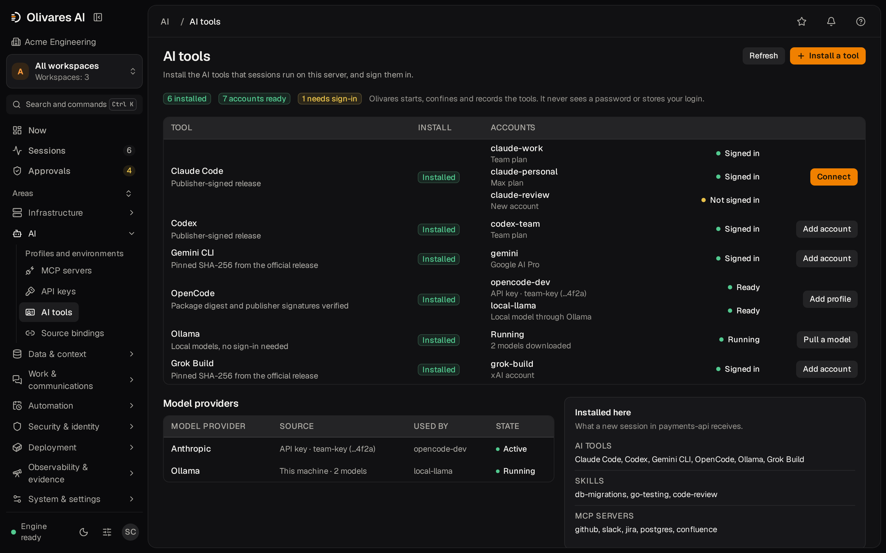 Olivares AI tools page: installed AI tools, the accounts signed in to each with their plan, and one Connect action for the account that still needs to sign in.