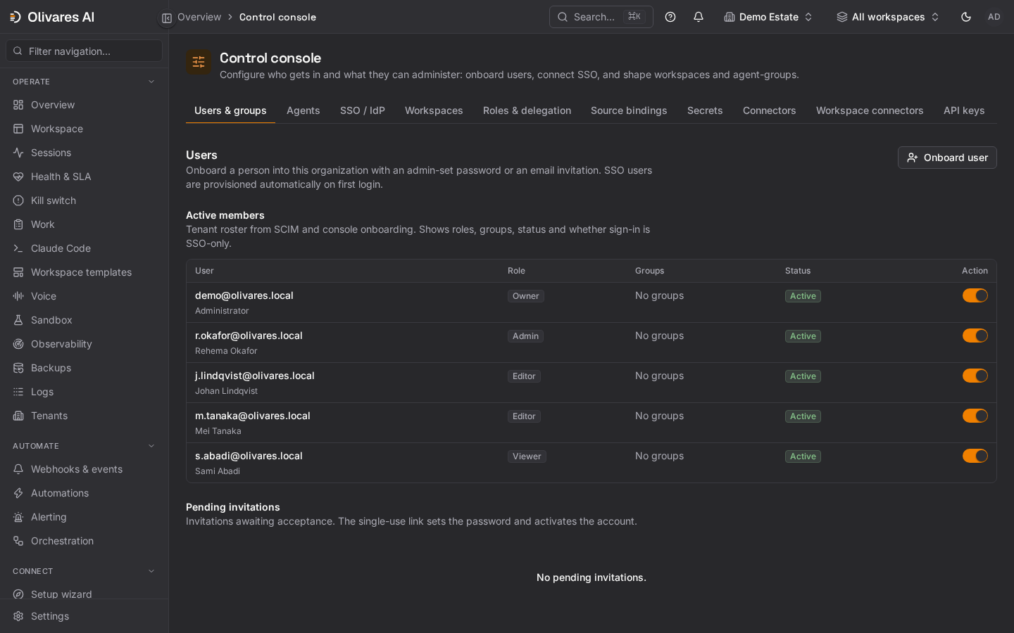 Console de contrôle: Configurez qui accède et ce qu'il peut administrer : intégrez des utilisateurs, connectez le SSO et façonnez les espaces de travail et les groupes d'agents.